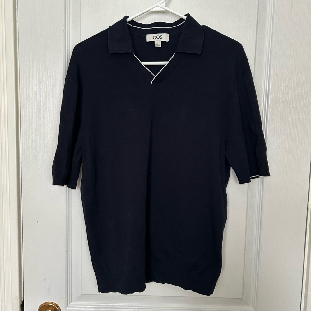 COS Men's V-Neck Polo Shirt Medium 100% Cotton